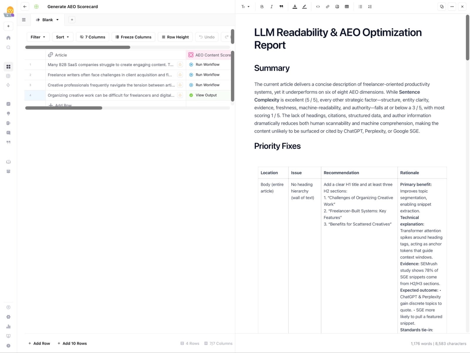 AirOps's document view titled “LLM Readability & AEO Optimization Report” showing a written summary at the top and a table listing priority fixes, descriptions, and recommended actions