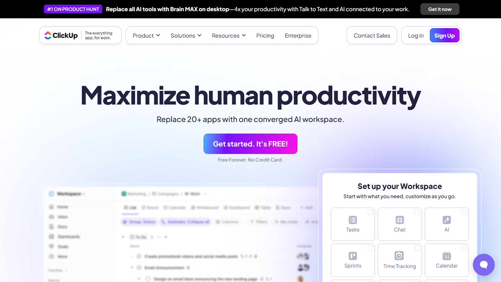 Screenshot of ClickUp website with the words: "Maximize human productivity"