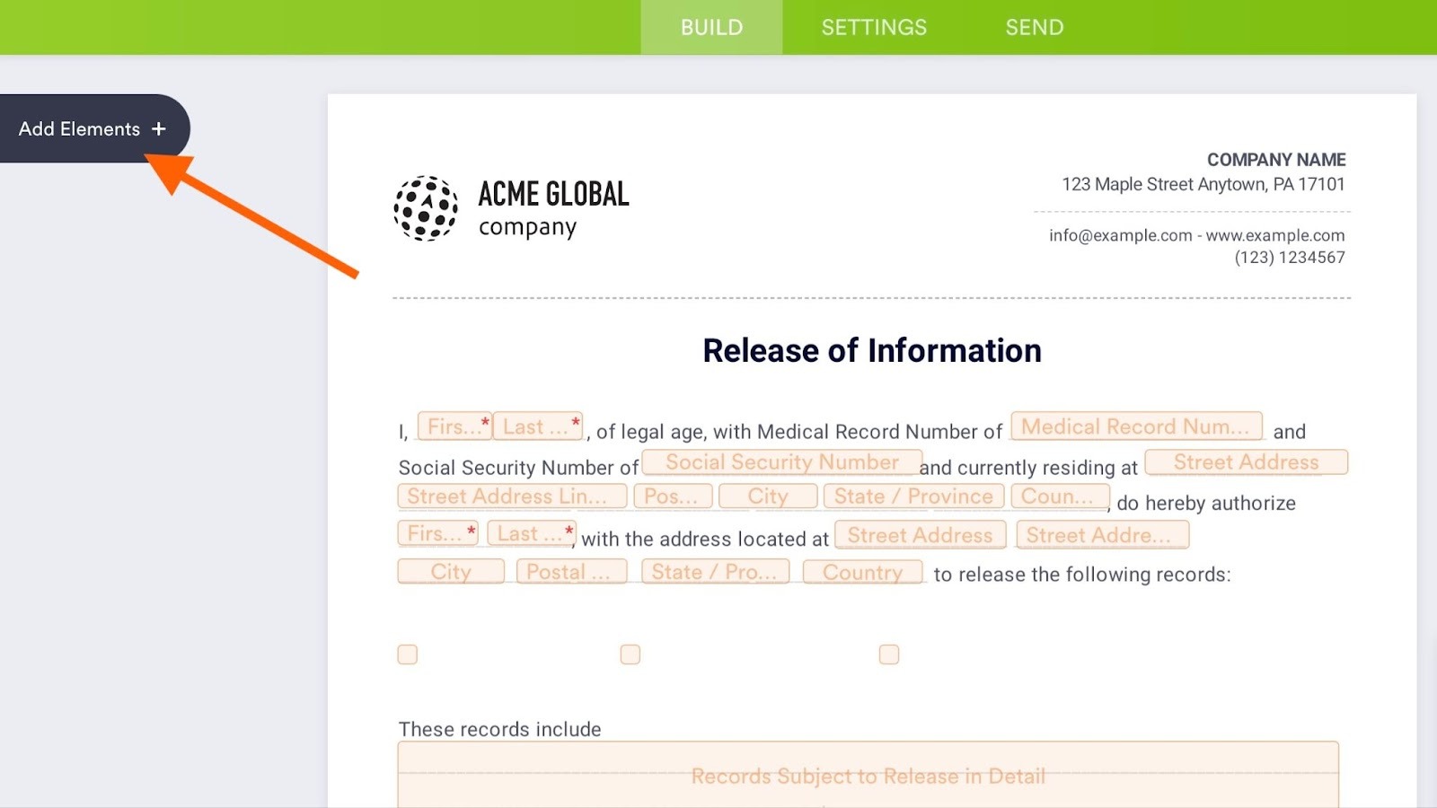 A PDF file open in Jotform Sign with an arrow pointing to the "Add Elements" button in the top left corner