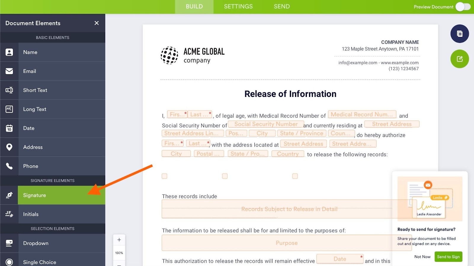 The Elements menu open in Jotform Sign with an arrow pointing to the "Signature" element