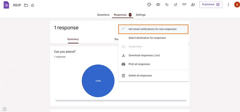 Google Forms interface with the "Get email notifications for new responses" option highlighted