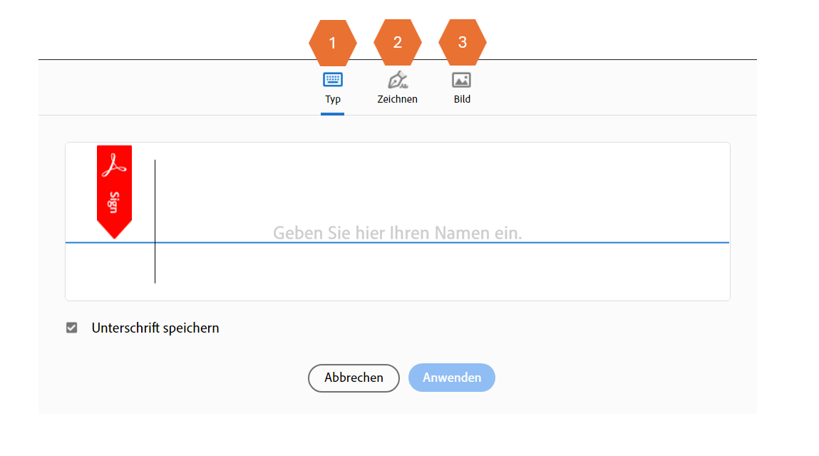 Screenshot des Popup-Fensters Unterschrift hinzufügen mit den Optionen Typ, Zeichnen und Bild