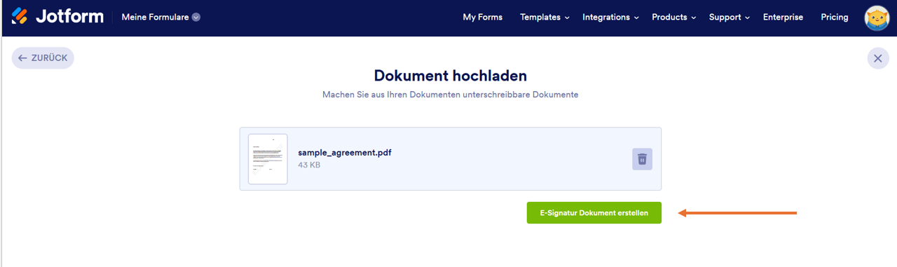 Bild zeigt den Button zum Erstellen eines signierbaren Dokuments auf Jotform