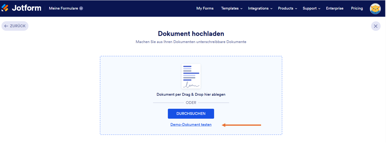 Das Bild zeigt den Button Dokument hochladen auf Jotform