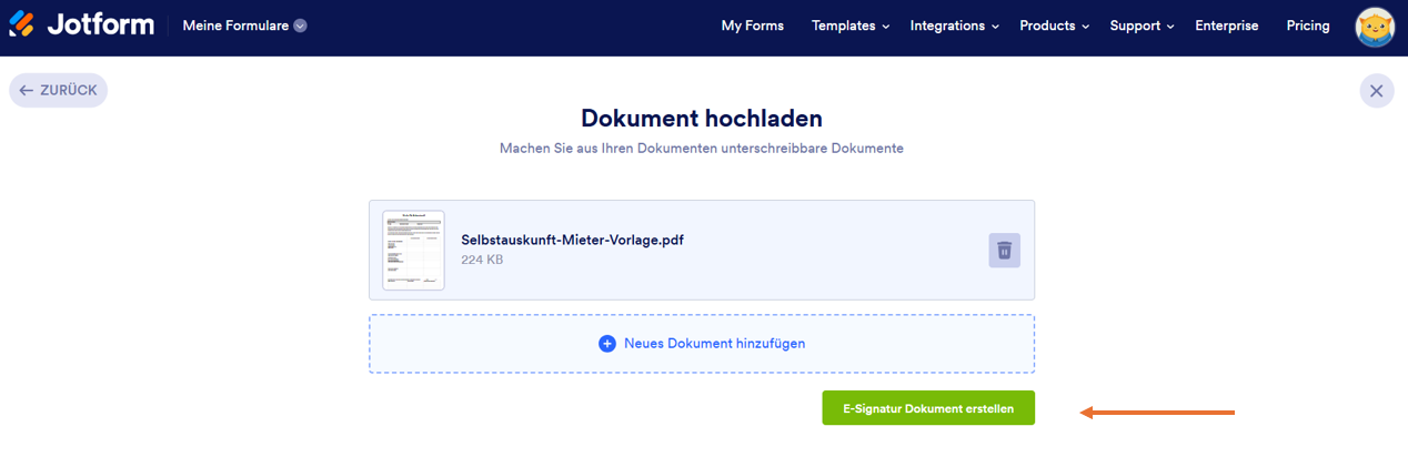 Das Bild zeigt den Button E-Signatur Dokument erstellen