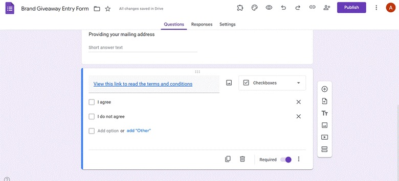 Google Forms interface showing a giveaway form with a terms and conditions checkbox field