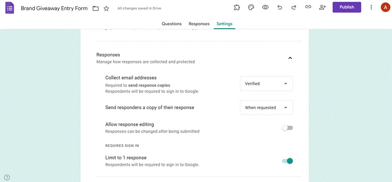 Google Forms interface showing the option to limit respondents to one response