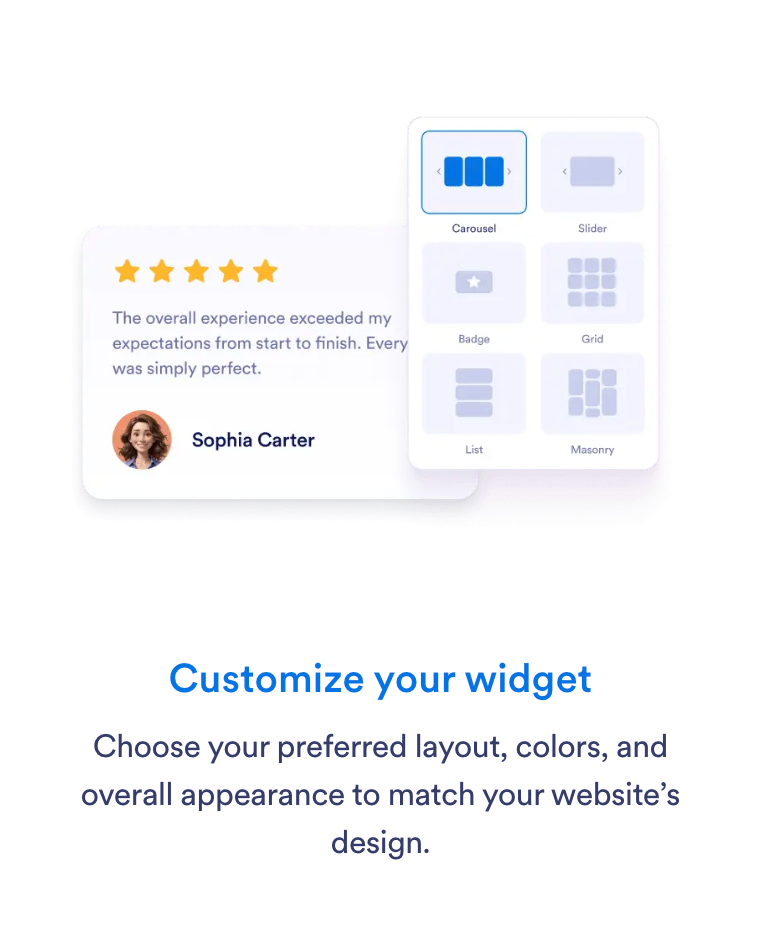 Illustration of a review card next to layout and style options for customizing a reviews widget