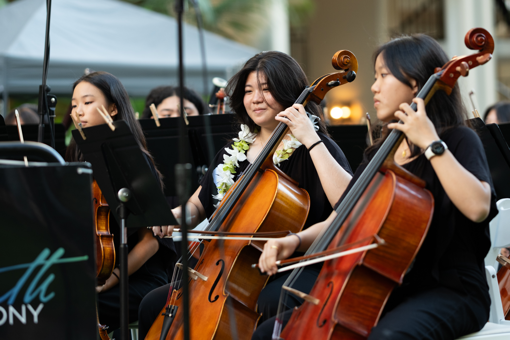 Imagen de personas tocando violonchelo en un concierto