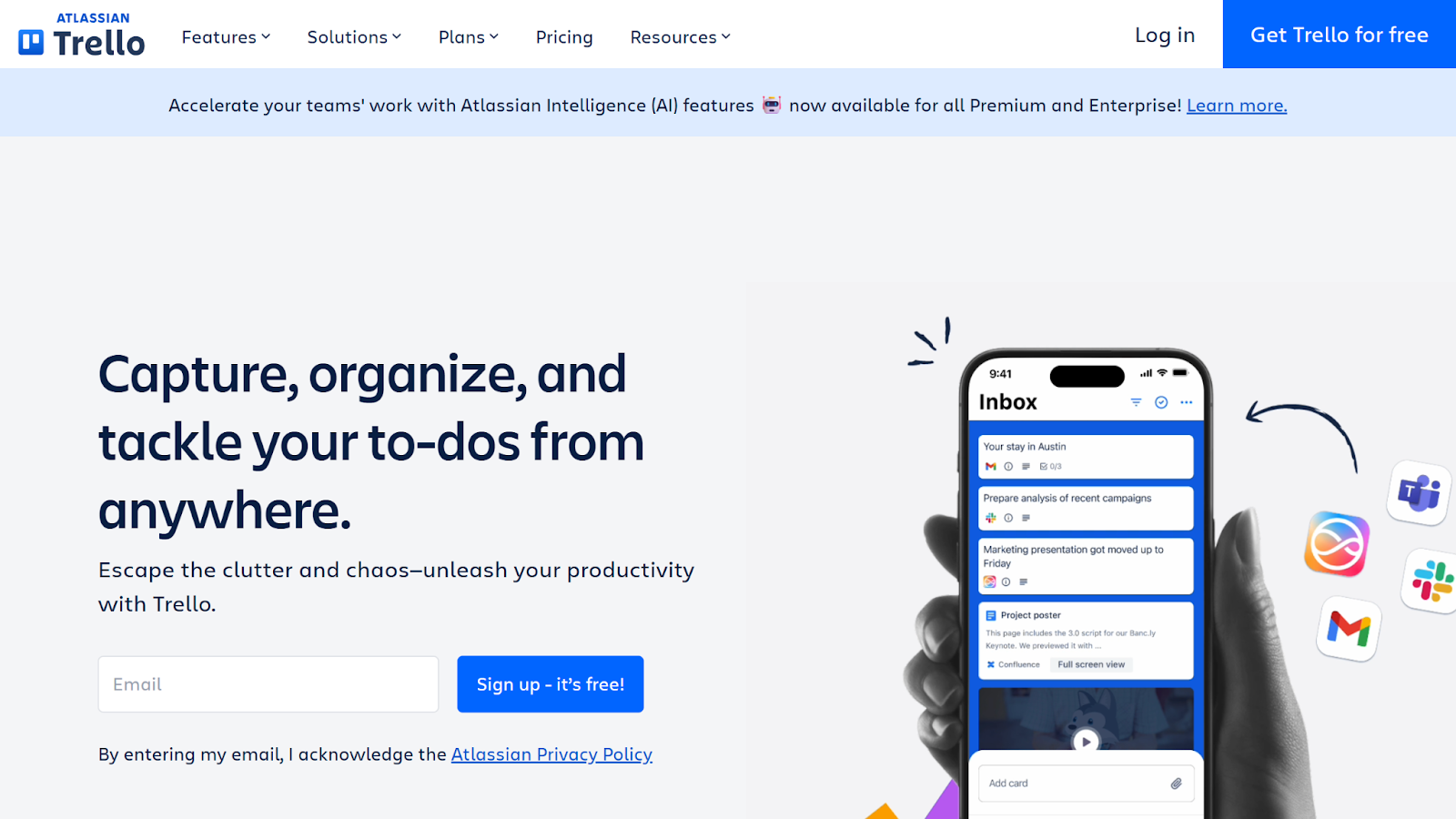 Screenshot of Trello website with the words: "Capture, organize, and tackle your to-dos from anywhere"