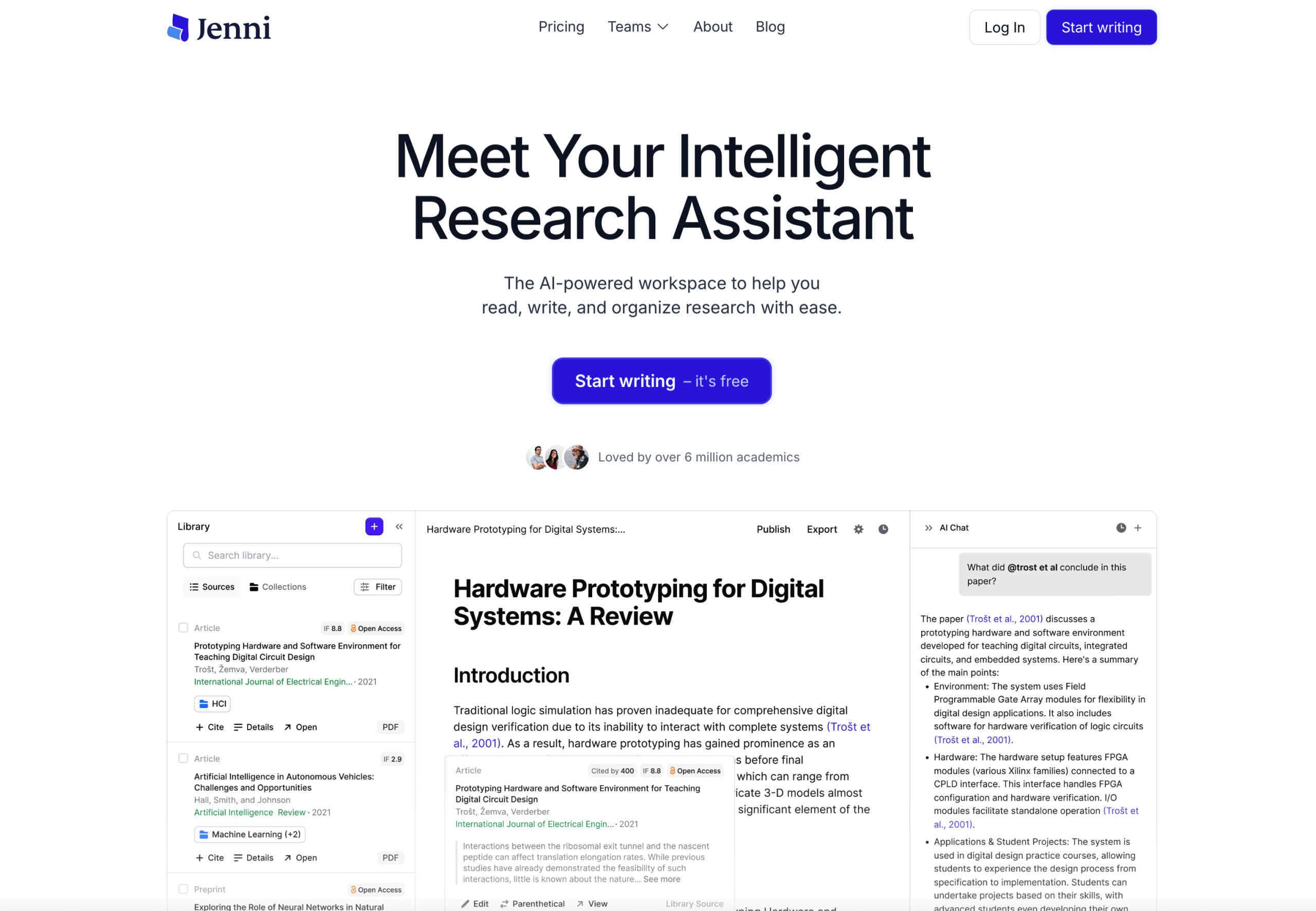 Jenni AI landing page with the headline “Meet Your Intelligent Research Assistant,” a short description below, and a call-to-action button near the top
