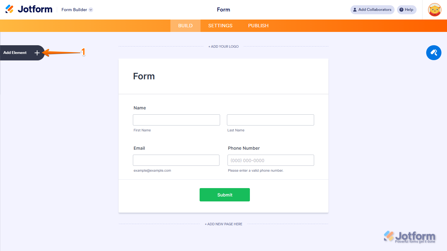 Form Builder Add Element menu in Jotform