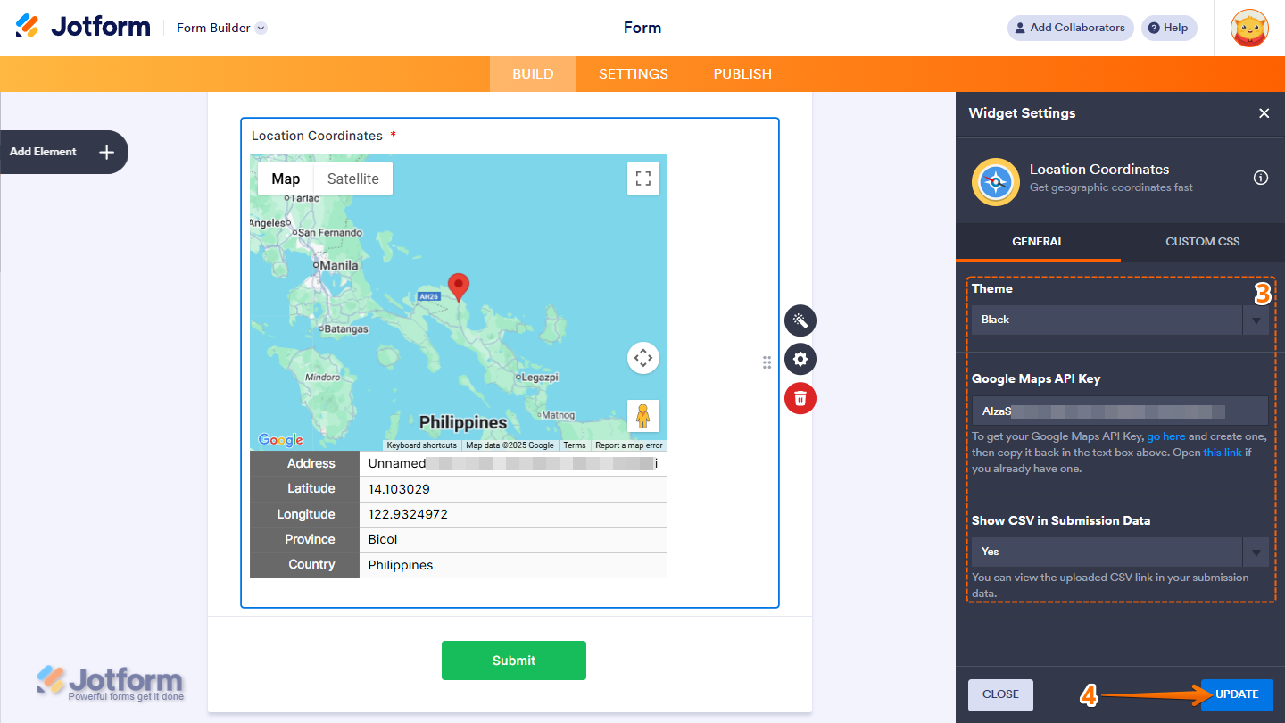 Location Coordinates widget General settings showing Theme Google Maps API Key CSV option and Update button in Jotform
