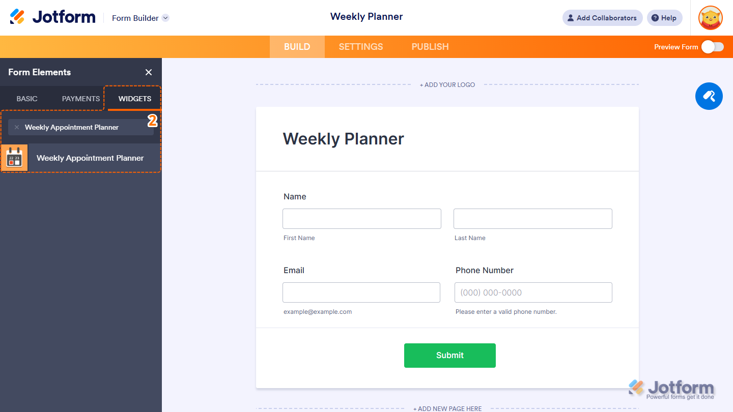 Form Elements Widgets tab showing Weekly Appointment Planner widget selection in Jotform