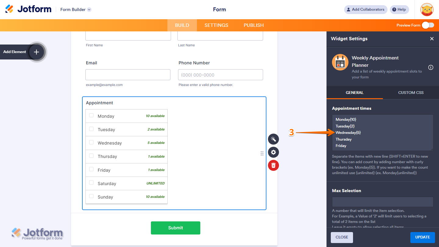 Weekly Appointment Planner widget General settings showing Appointment Times input field in Jotform