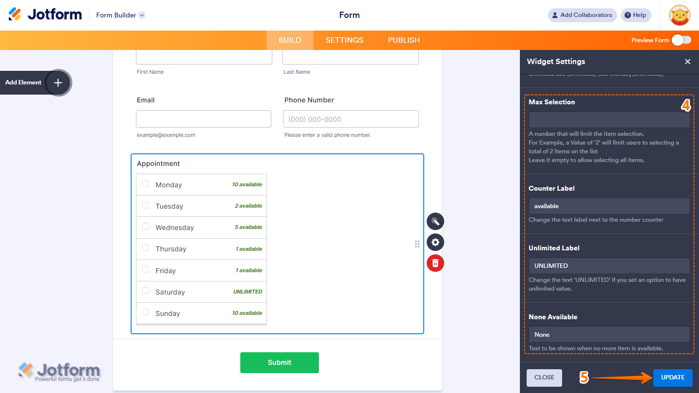 Weekly Appointment Planner widget settings showing max selection counter label unlimited label none available options and Update button in Jotform