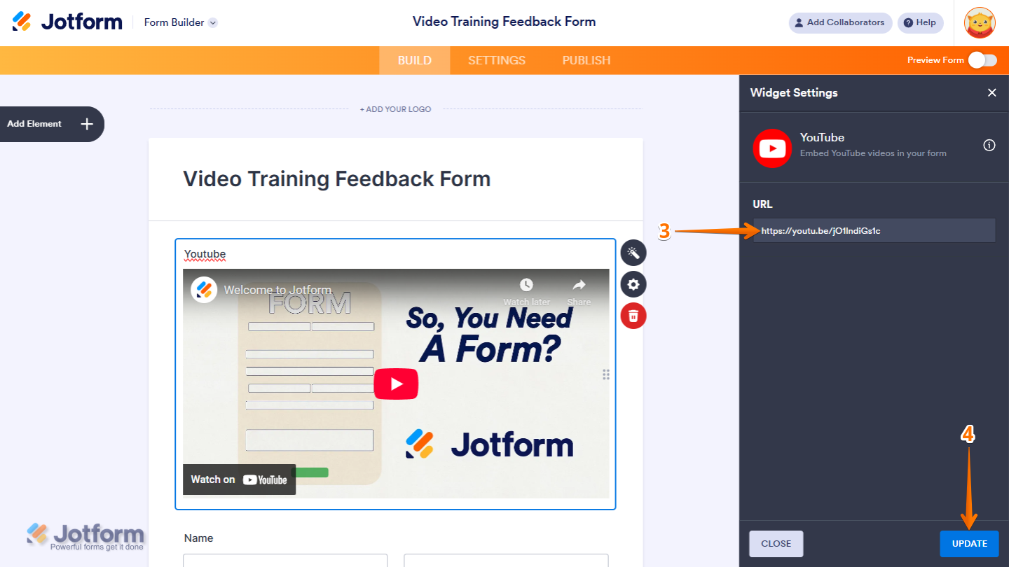 YouTube widget settings showing URL input field and Update button in Jotform