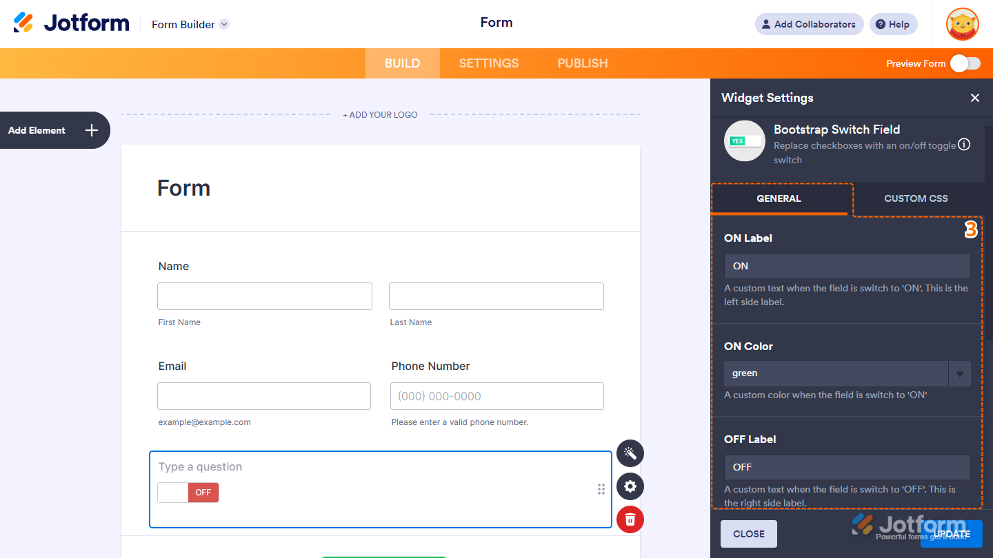 Bootstrap Switch Field widget General settings showing ON Label ON Color and OFF Label options in Jotform