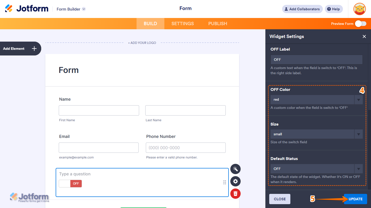 Bootstrap Switch Field widget settings showing OFF Color Size Default Status and Update button in Jotform