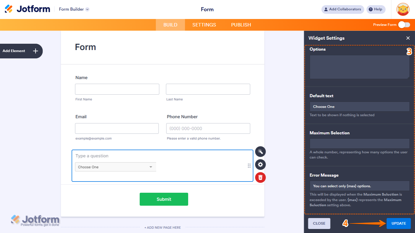 Checkbox in Dropdown widget settings showing Options Default Text Maximum Selection Error Message and Update button in Jotform