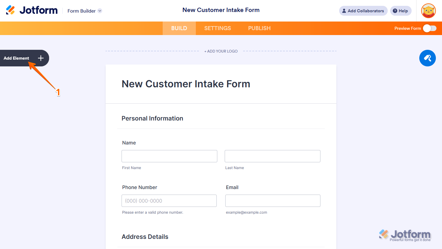 Form Builder Add Element menu in Jotform