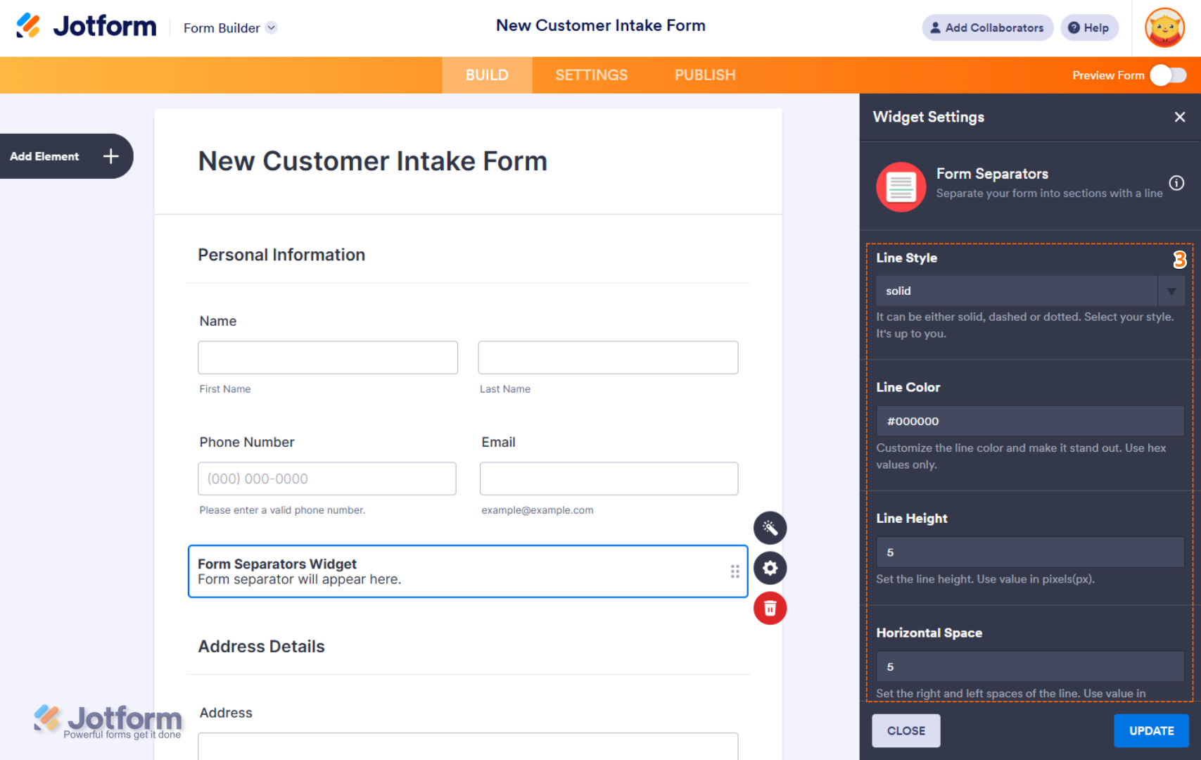 Form Separators widget General settings showing line style line color line height and horizontal space options in Jotform