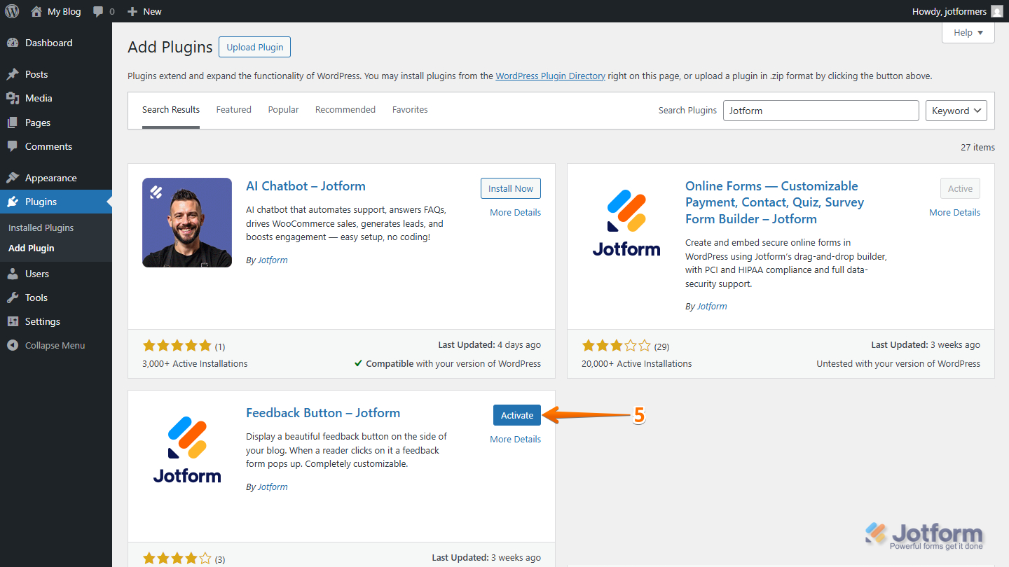 Activate button in the Jotform Feedback Button plugin