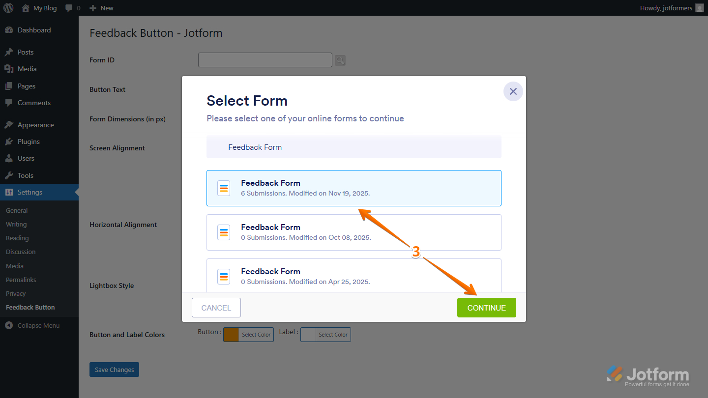 Select Form window in the Jotform Feedback Button settings page