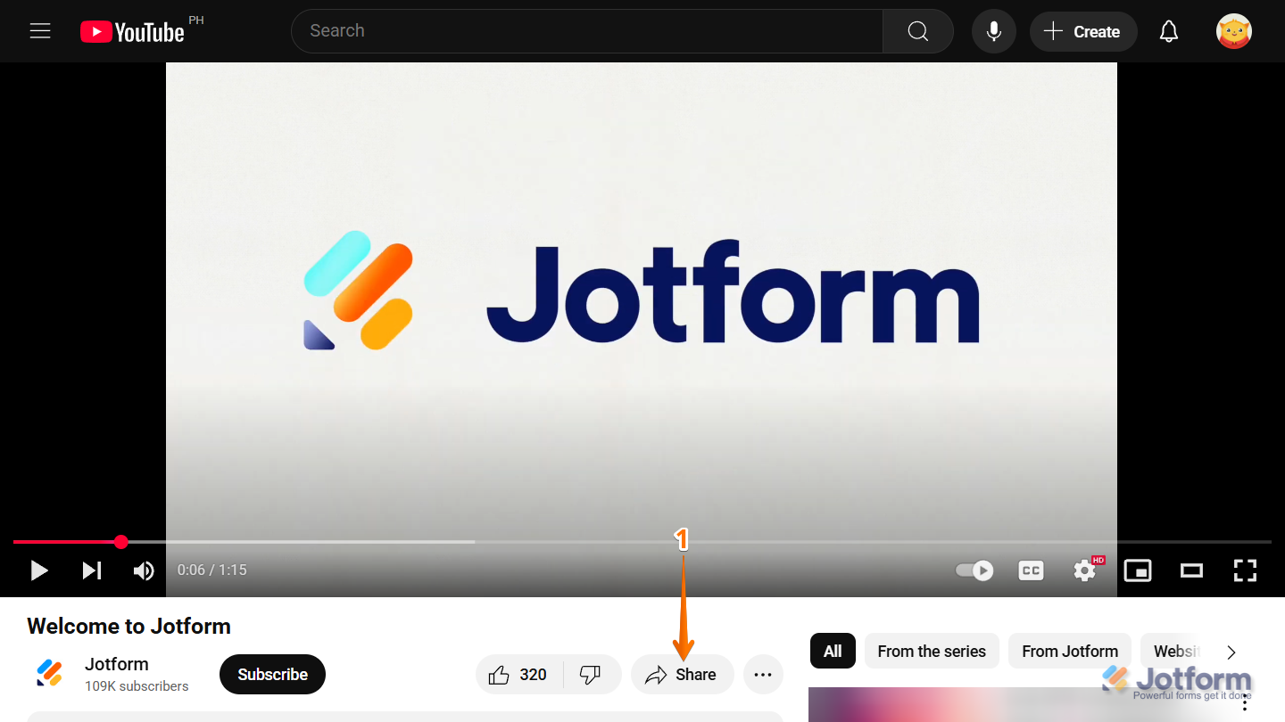 YouTube video page showing Share button below the video