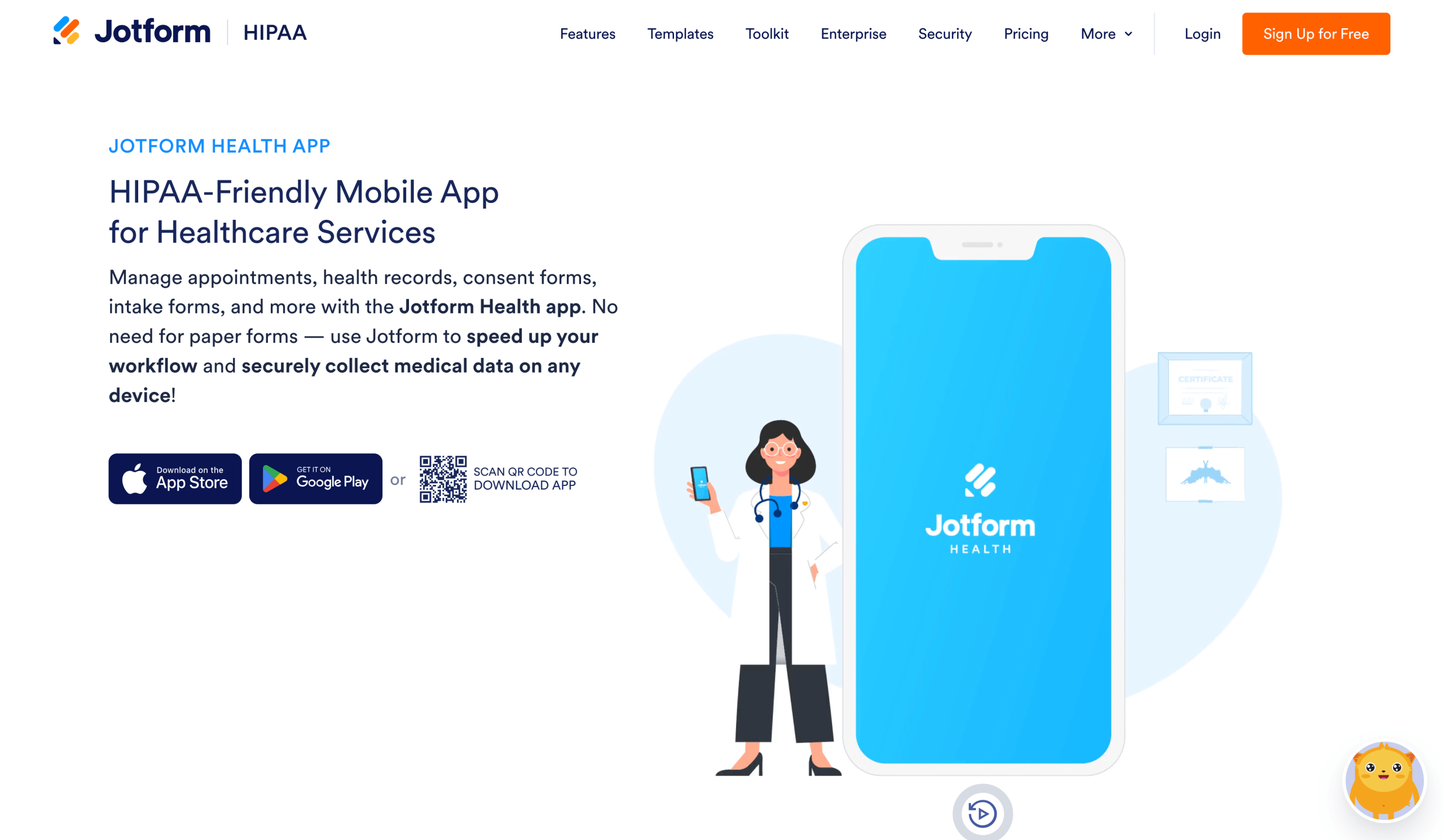 Screenshot of Jotform Health App landing page