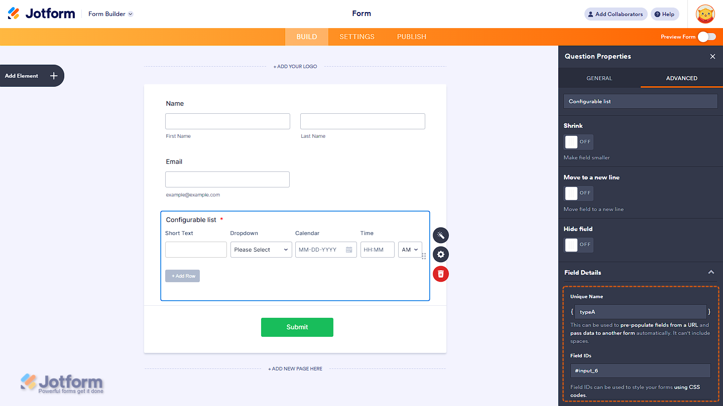 Field Details in the Advanced Tab of the Question Properties in a Jotform widget