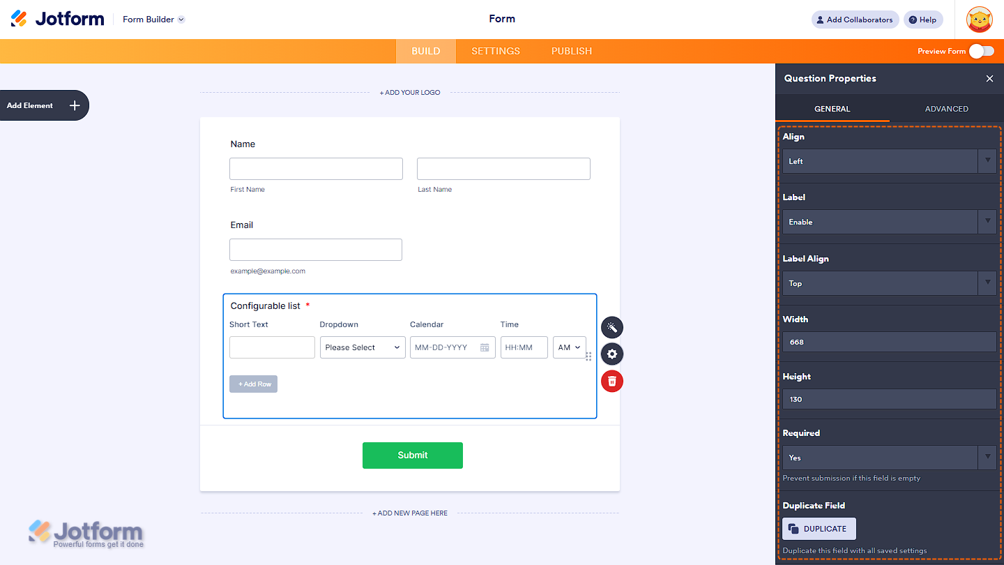 General Tab of the Question Properties in a Jotform widget