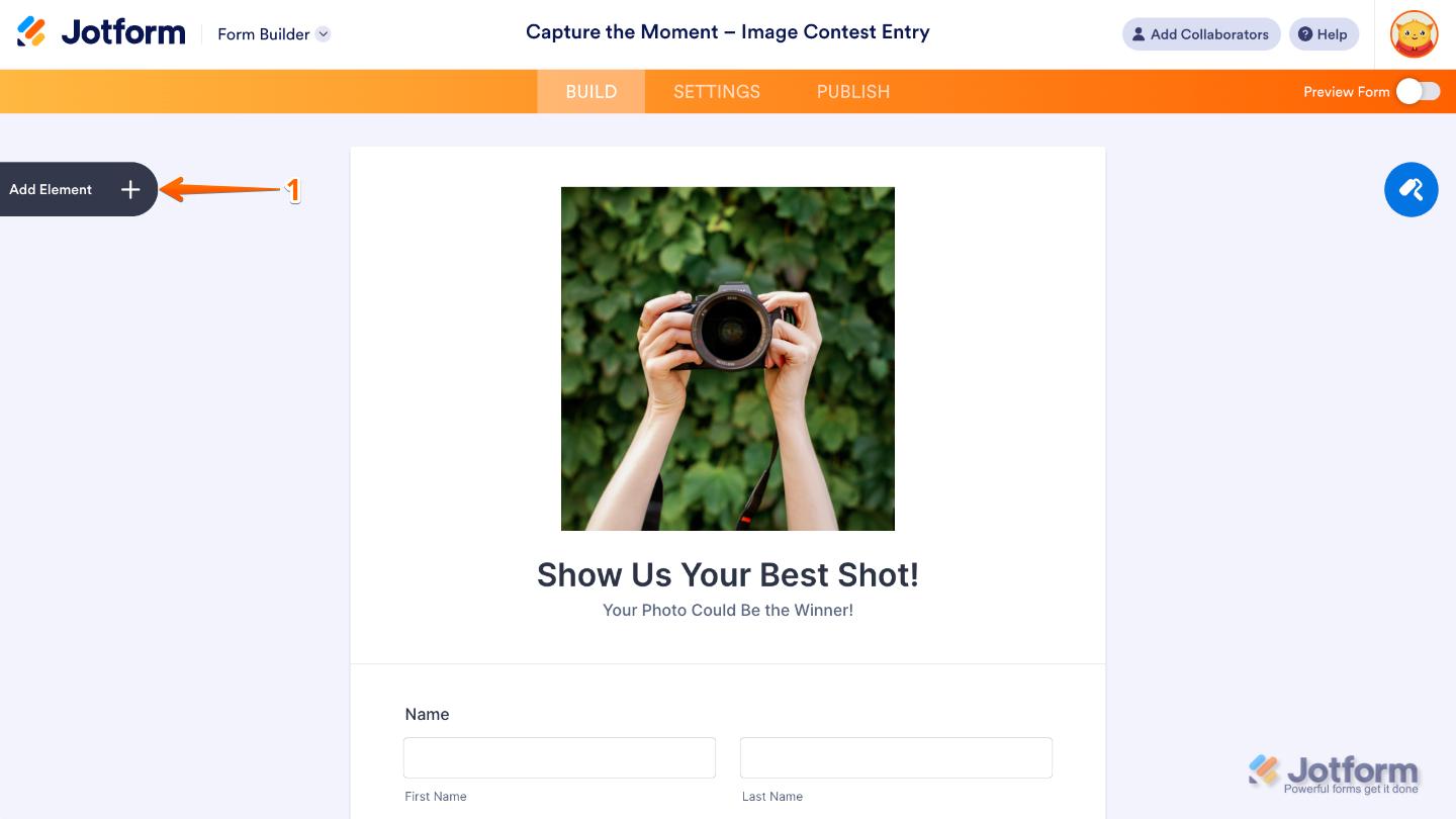 Form Builder interface showing the Add Element button on the left panel for adding form fields