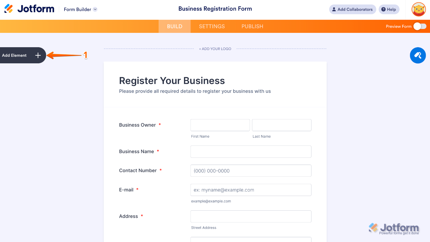 Form Builder interface showing the Add Element button on the left side of the page