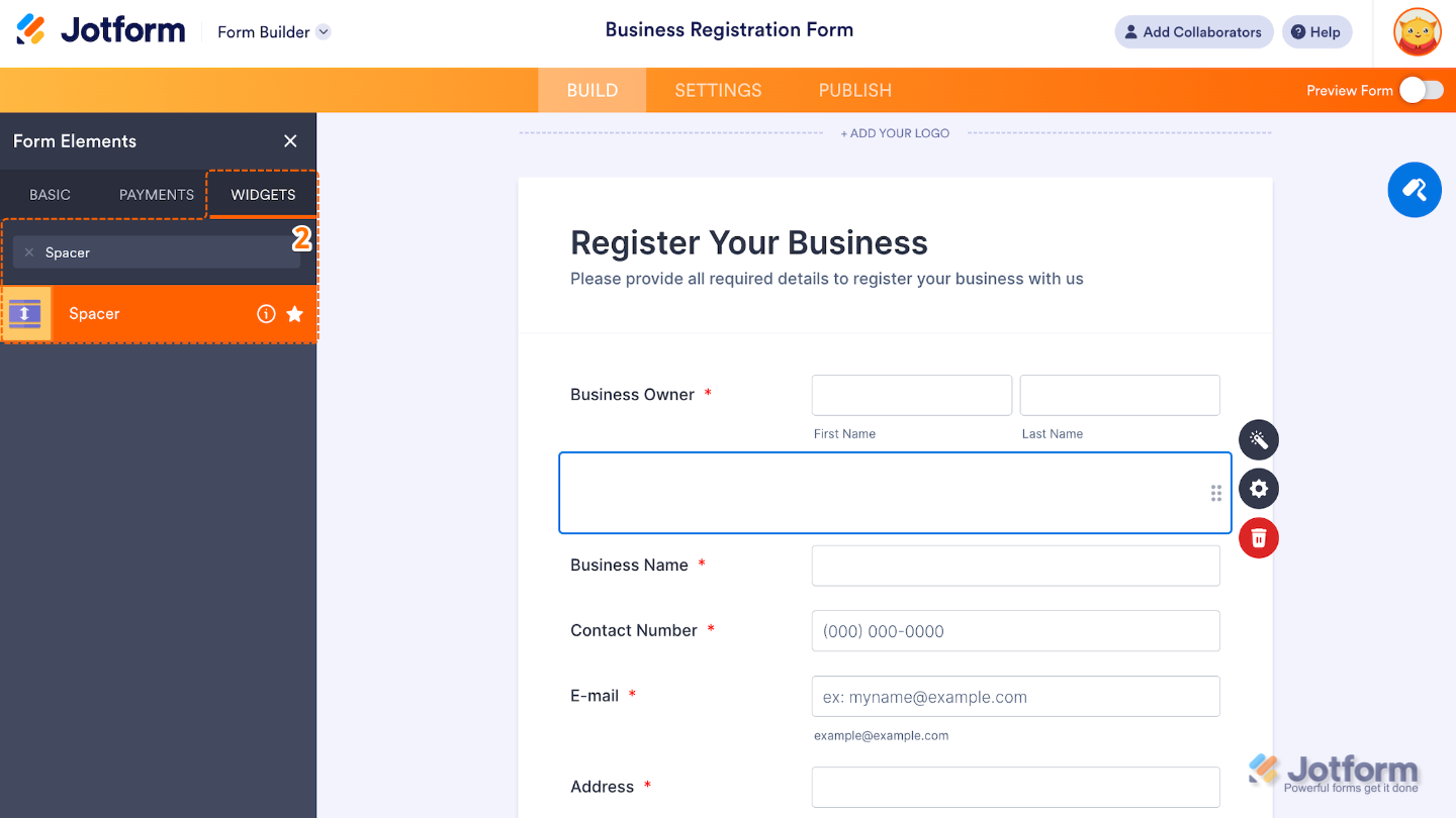 Form Elements menu under the Widgets tab showing the Spacer widget being searched and selected
