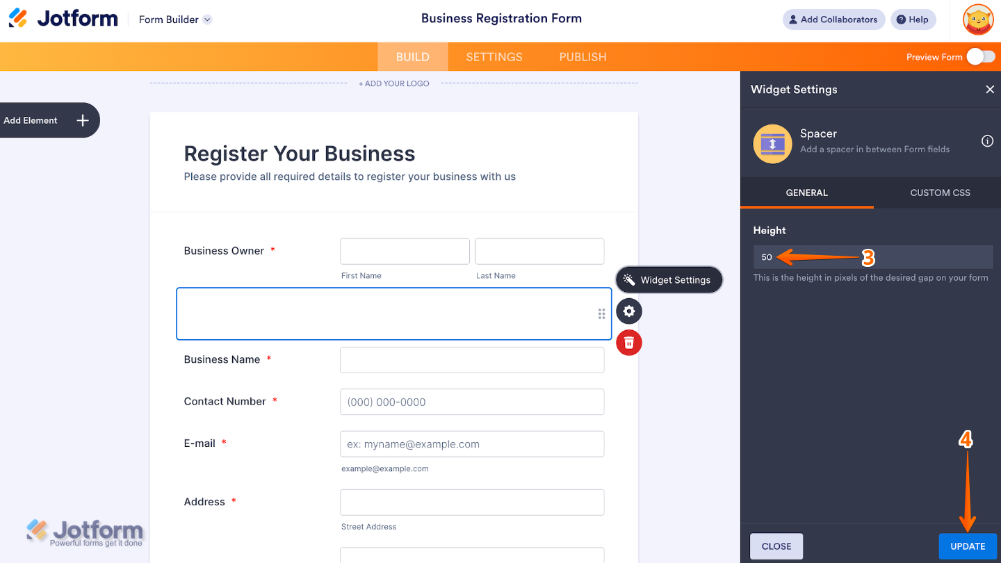 Spacer widget settings window open on the right side of the Form Builder, showing the Height option and the Update button