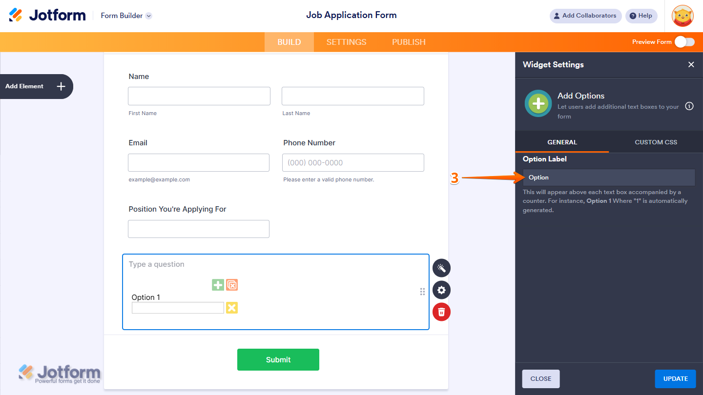Add Options widget settings showing Option Label input field in Jotform