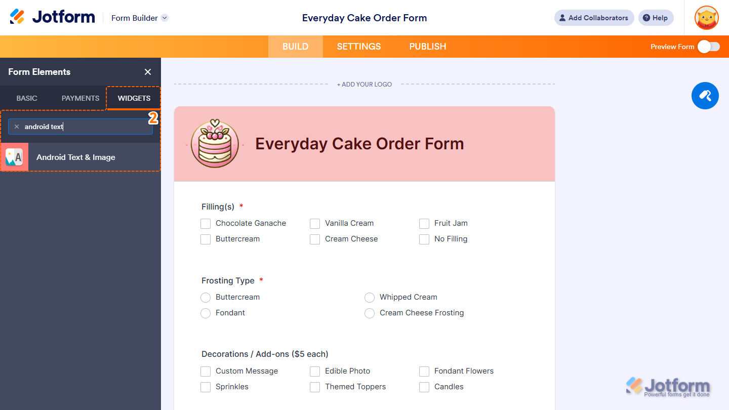 Android Text & Image element under the Widgets tab of the Form Elements menu in Jotform Form Builder