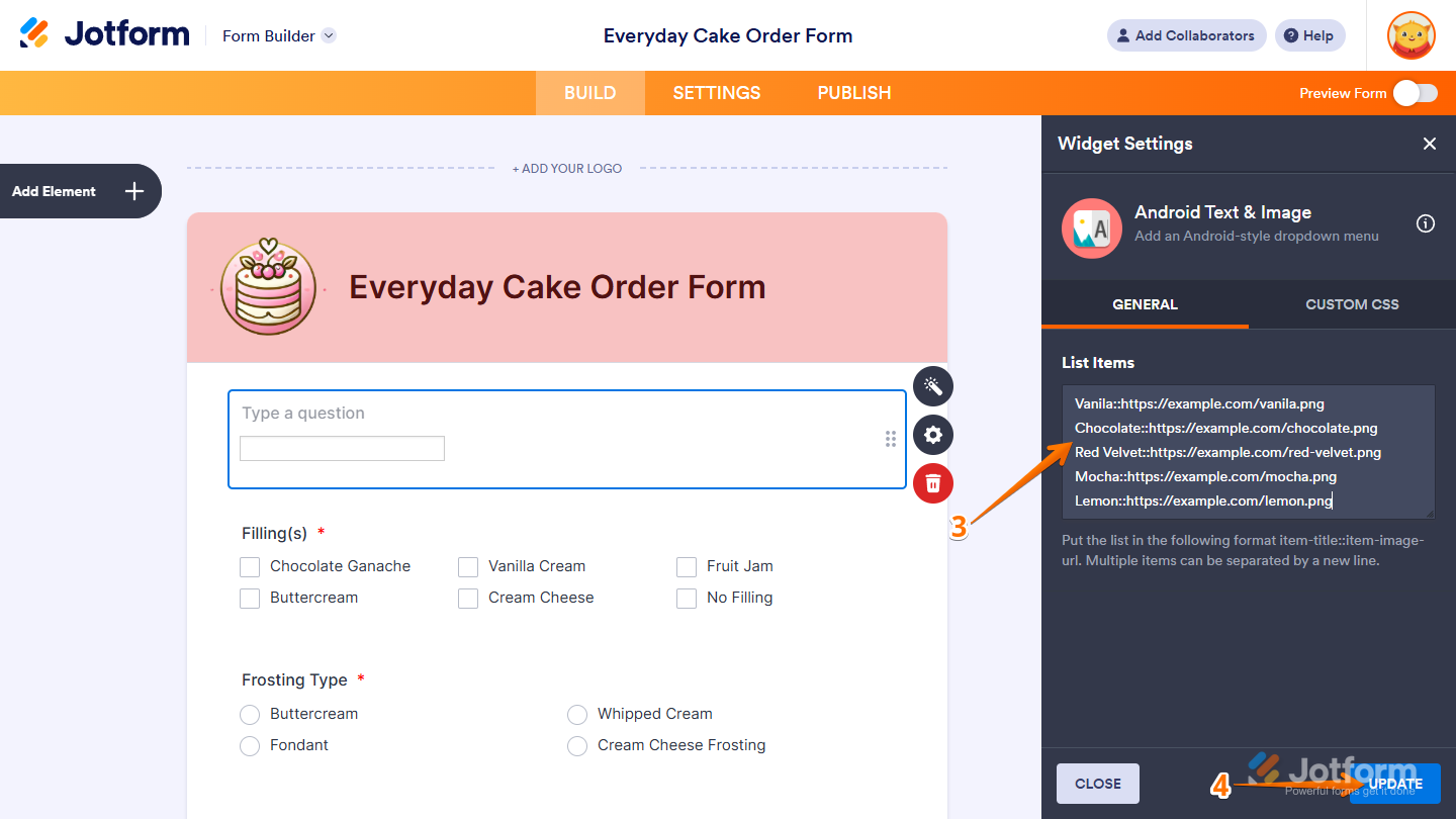 Android Text & Image Widget Settings in Jotform Form Builder