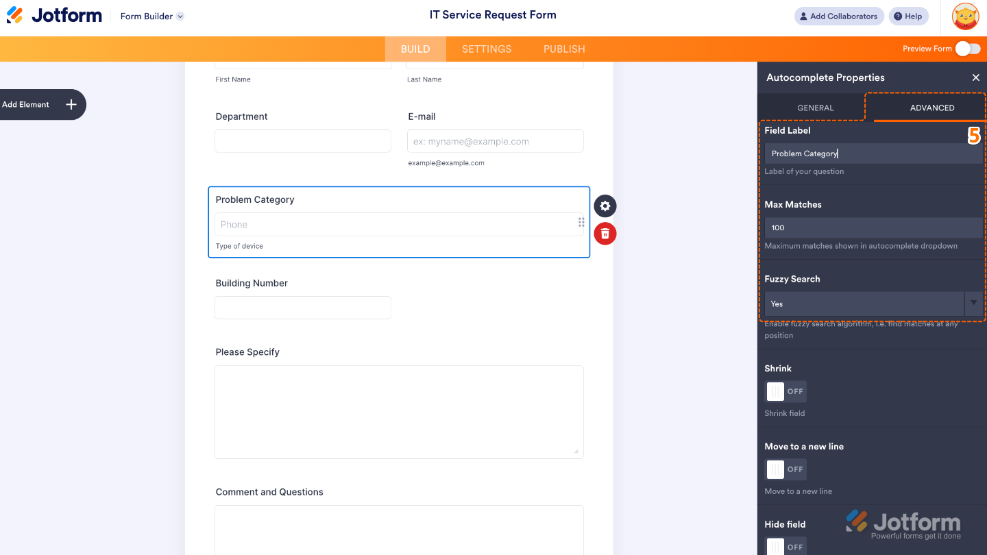 Autocomplete Properties window switched to the Advanced tab, showing options for field label, max matches, and fuzzy search