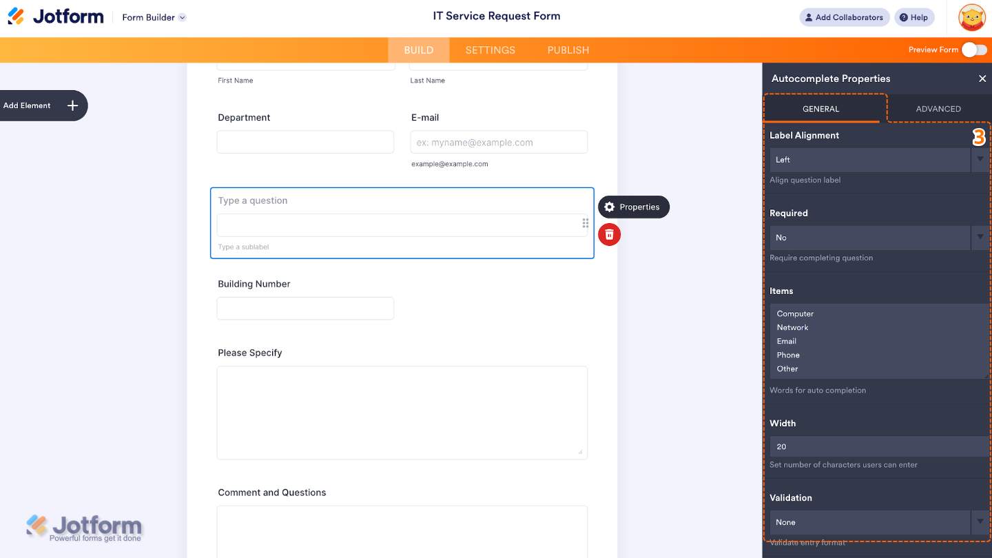 Autocomplete Properties window opens on the right under the General tab, showing options for label alignment, required field, items list, width, and validation