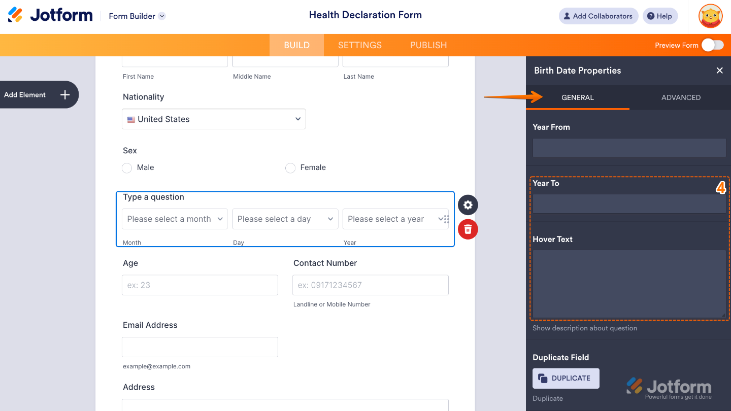 Birth Date Picker settings scrolled to the bottom, showing options for Year To and Hover Text