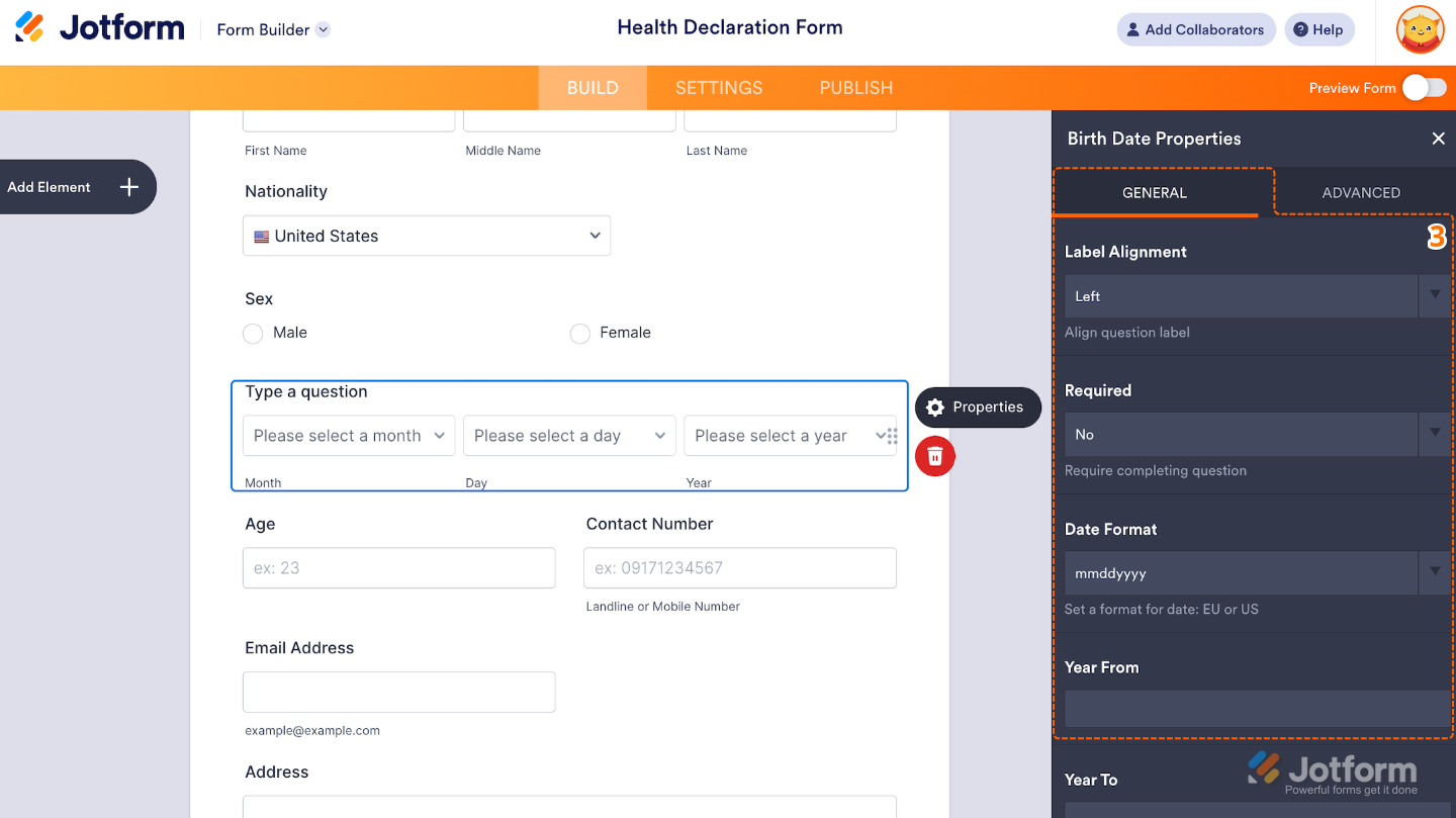 The Birth Date Picker Properties window opens on the right under the General tab, showing label alignment, required toggle, date format, and year range options