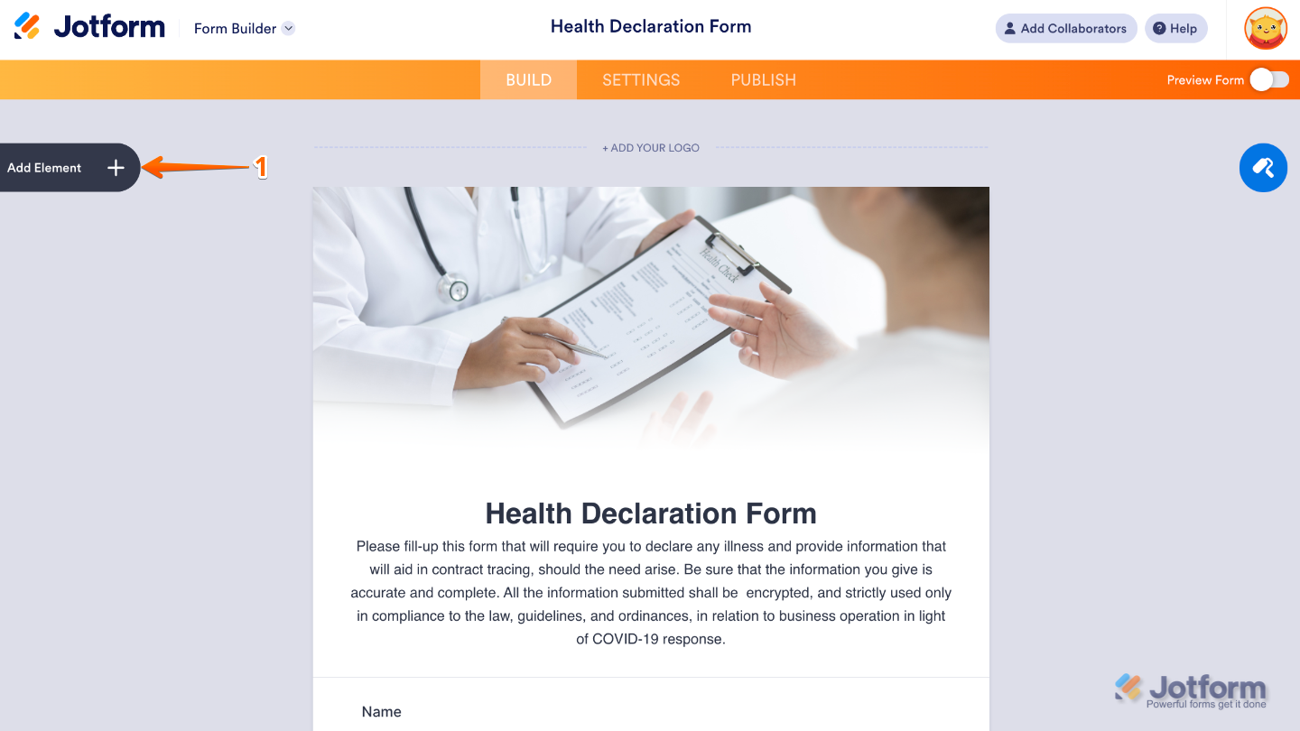 Form Builder interface showing the Add Element button on the left side of the page