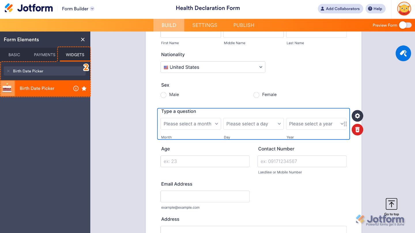 Form Elements menu under the Widgets tab showing the Birth Date Picker widget being searched and selected