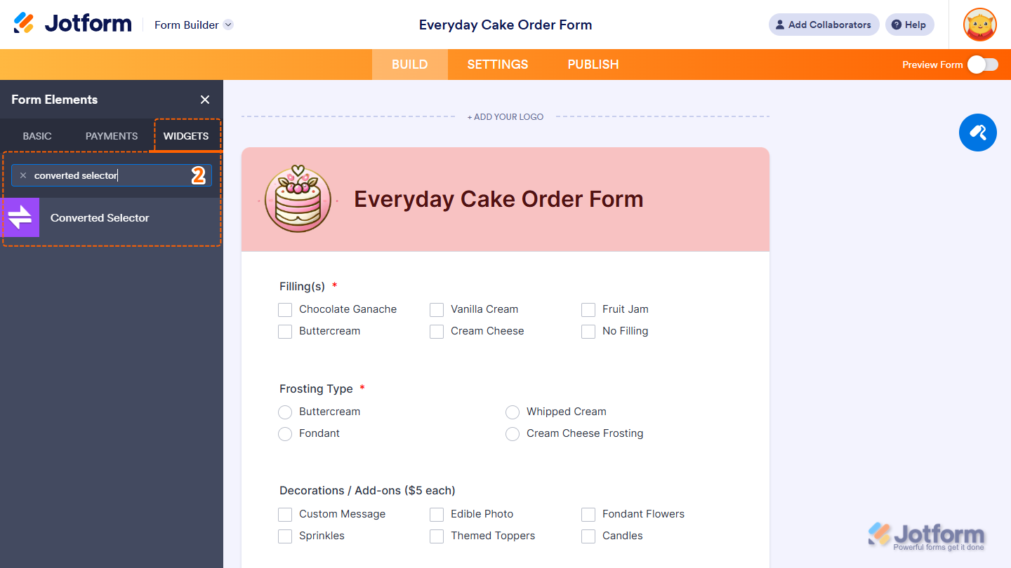 Converted Selector element under the Widgets tab of the Form Elements menu in Jotform Form Builder