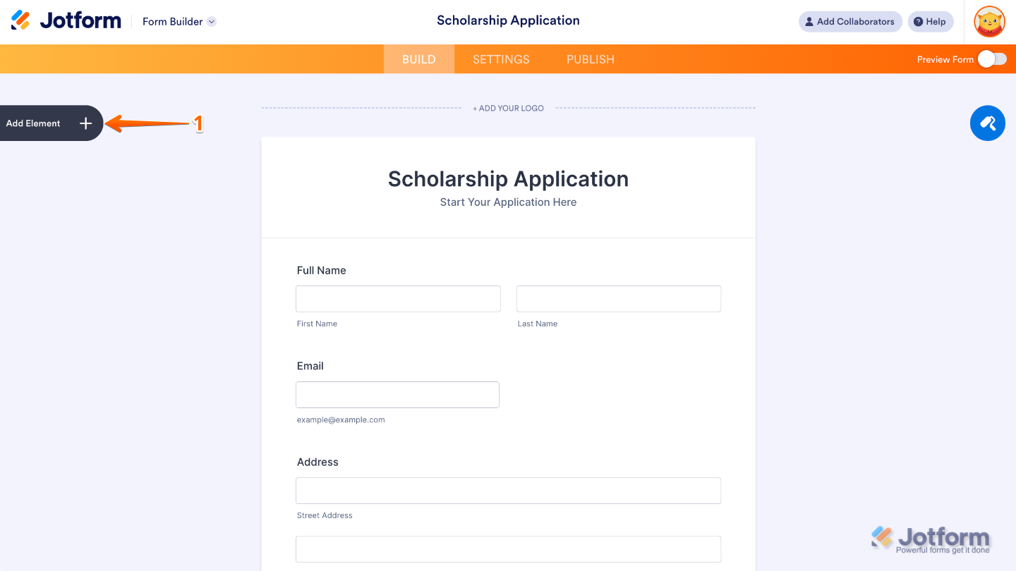 Form Builder interface showing the Add Element button on the left panel for adding new form fields