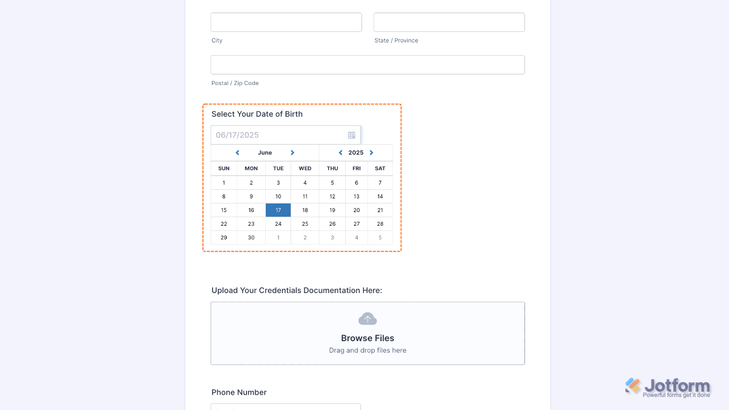 Completed setup of the Date Picker widget in a form, showing a calendar dropdown that allows users to select a date easily