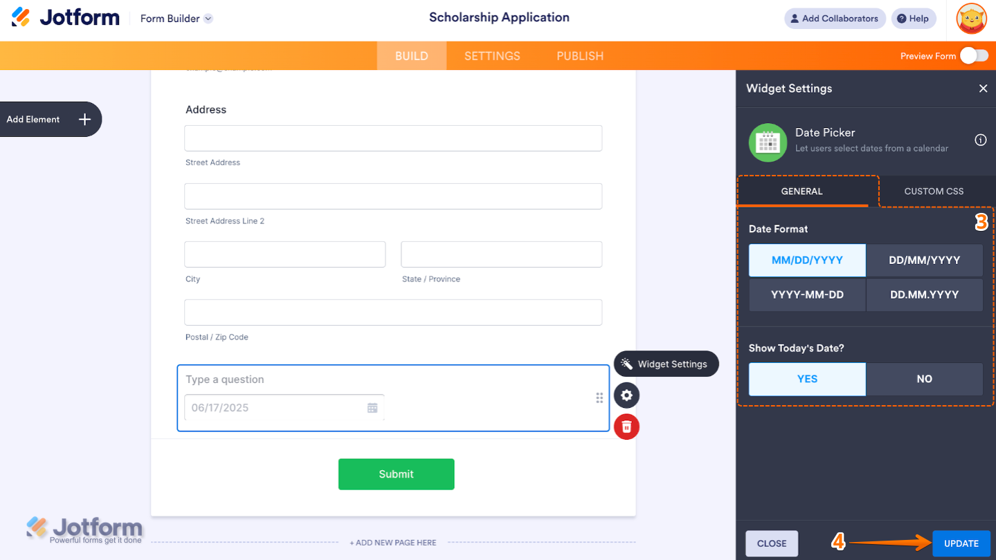 Date Picker widget settings panel showing the General tab options and the Update button