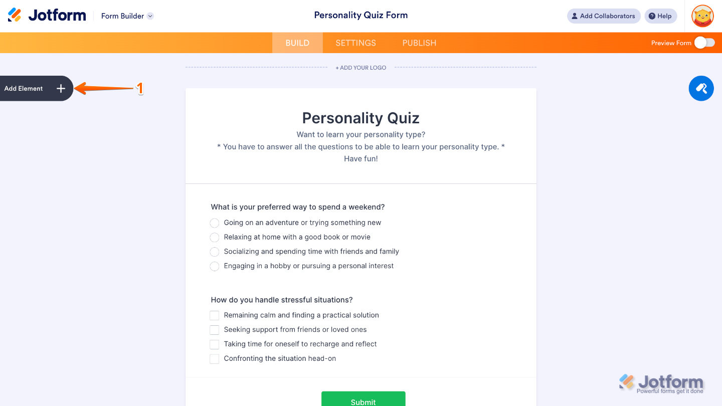 Form Builder interface showing the Add Element button on the left panel for adding form fields